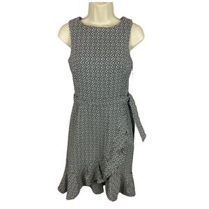CALVIN KLEIN Black White Geometric Knee Length Sleeveless Dress Sz 14 Faux Wrap